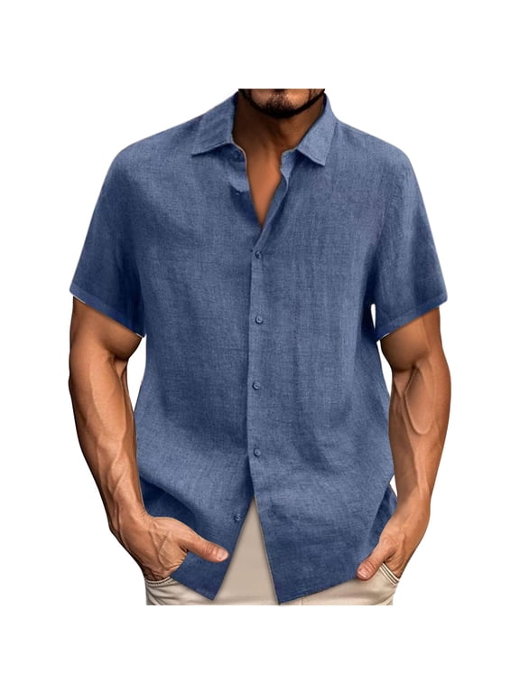 Men's Casual Linen Shirts Short Sleeve Button Down Shirt Solid Summer Beach Vacation Shirt Untucked Dress Shirt Blue-A