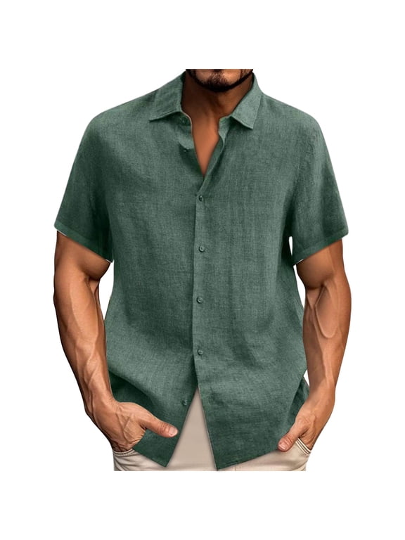 Men's Casual Linen Shirts Short Sleeve Button Down Shirt Solid Summer Beach Vacation Shirt Untucked Dress Shirt Green-A