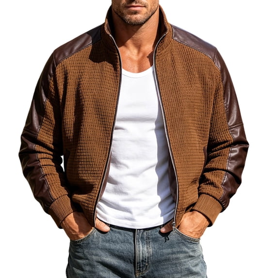 FRSASU Men's Casual Long Sleeve Jacket Outerwear New Style Color Block Windproof Outdoor Windbreaker Standard Fit Brown-A