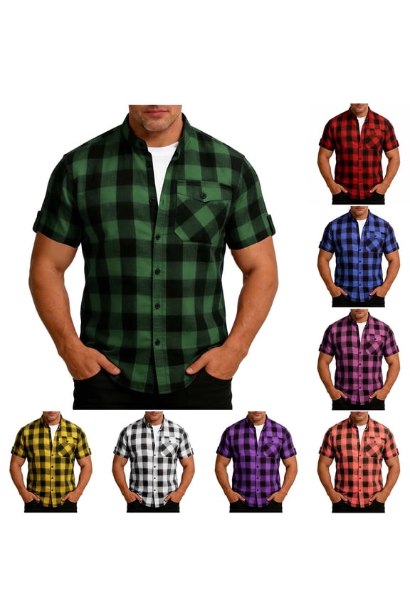 FRSASU Men's Casual Plaid Button Down Short Sleeve Mandarin Collar Shirt Yellow