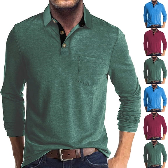 FRSASU Men's Casual Polo Shirts Classic Button Basic Long Sleeve Lapel Shirt Solid Color Tees Stylish Tops Light Blue