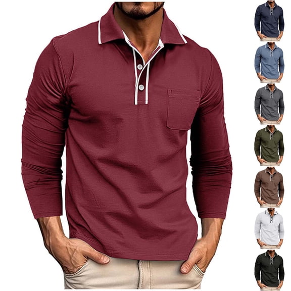 FRSASU Men's Casual Polo Shirts Classic Long Sleeve Lapel Button T-Shirt Lightweight Cotton Business Tops with Pocket White