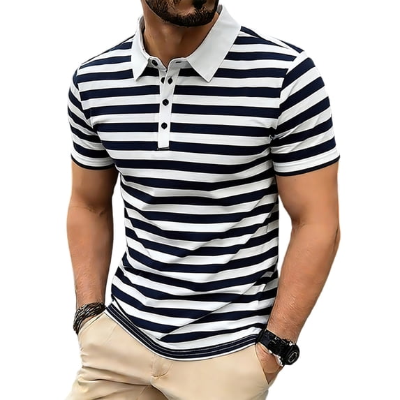 FRSASU Men's Casual Slim Classic Stripes Printed Button Up Polo Shirt Summer Collared Short Sleeve Golf Shirts Navy