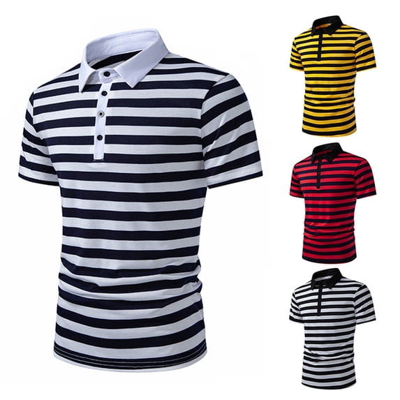 FRSASU Men's Casual Slim Classic Stripes Printed Button Up Polo Shirt Summer Collared Short Sleeve Golf Shirts Yellow