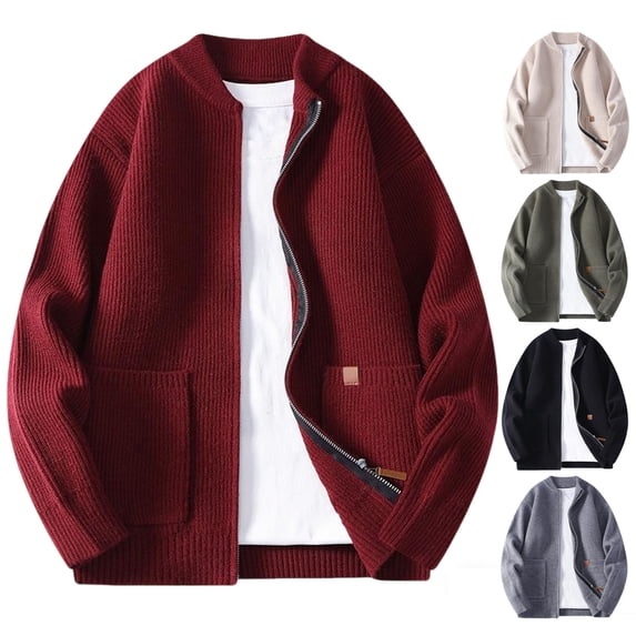 FRSASU Men's Casual Slim Full Zip Thick Ribbed Knitted Cardigan Sweaters with Pockets Green