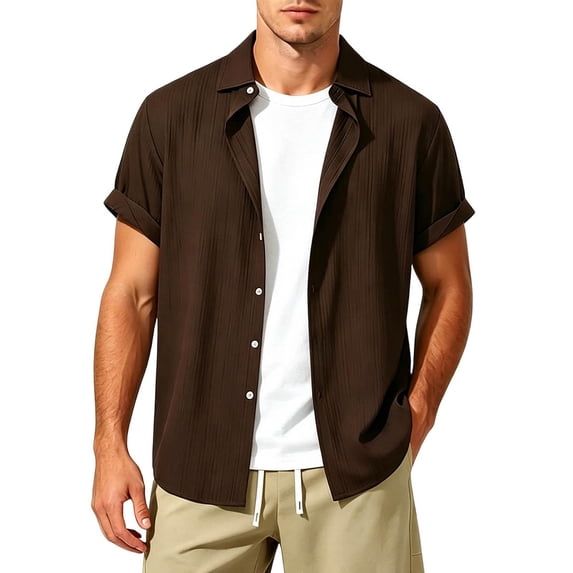 FRSASU Men's Casual Solid Shirts Short Sleeve Shirts Button Down Summer Beach Wedding Dressy Shirt Coffee