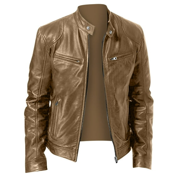 FRSASU Men's Casual Stand Collar Leather Jacket Motorcycle Lightweight Leather Outwear Khaki