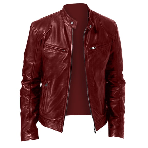 FRSASU Men's Casual Stand Collar Leather Jacket Motorcycle Lightweight Leather Outwear Wine