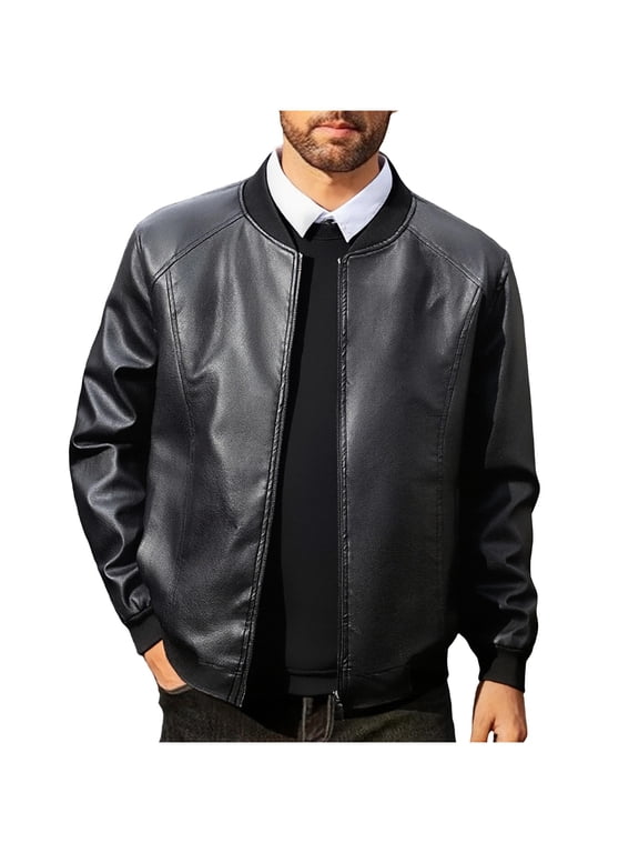 Men’s Casual Stand Collar PU Faux Leather Zip-up Motorcycle Bomber Jacket Workwear Jacket Black Leather Jacket Men Black