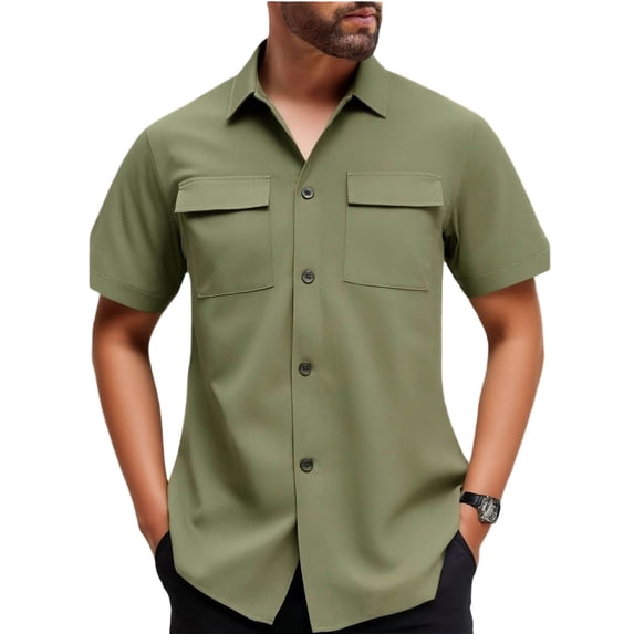 FRSASU Men's Casual Stretch Regular Fit Shirt Button Down Quick Dry Short Sleeve Work Shirts with Two Pockets Army Green