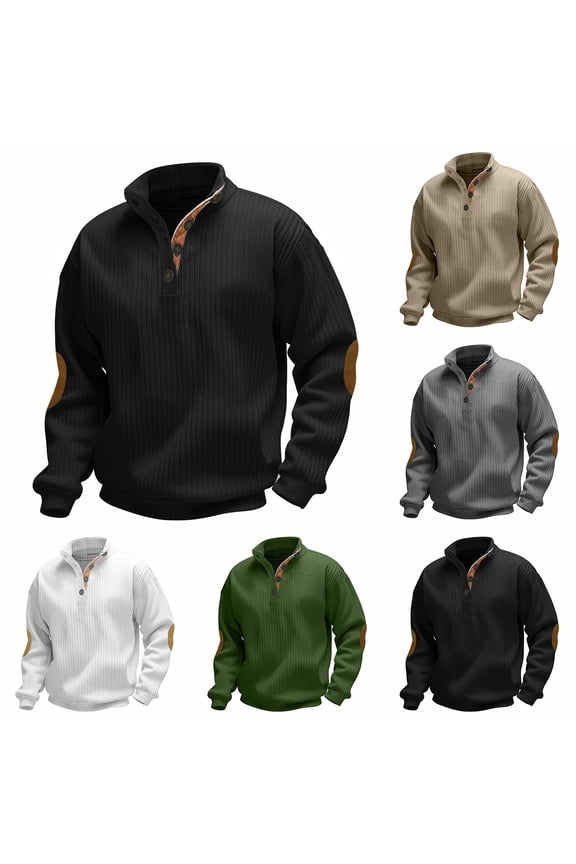 Men's Casual Sweatshirt Jacquard Stand Collar Button Elbow Patch Long Sleeve Pullover Knit Tops Vintage Western Shirt Tops White