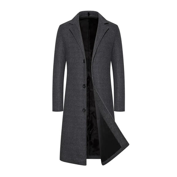 FRSASU Men's Casual Trench Coat Slim Fit Lapel Collar Mid Long Jacket Overcoat Single Breasted Woolen Coat Dark Gray