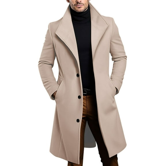 FRSASU Men's Casual Woolen Trench Coat Slim Fit Notched Collar Long Jacket Overcoat Single Breasted Coat wih Pockets Khaki