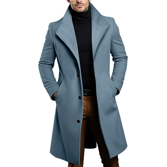 FRSASU Men's Casual Woolen Trench Coat Slim Fit Notched Collar Long Jacket Overcoat Single Breasted Coat wih Pockets Navy