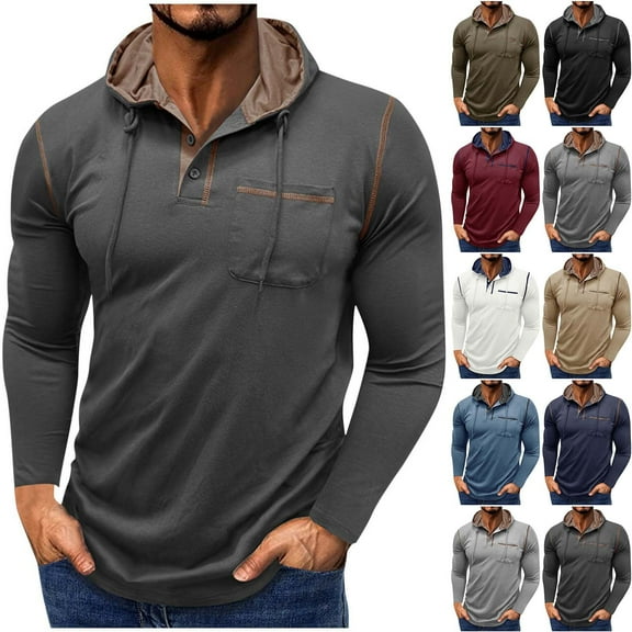 FRSASU Men's Causal Pullover Hoodie Lightweight Solid Color Hooded Sweatshirt Tops Long Sleeve Henley Shirt with Pocket White