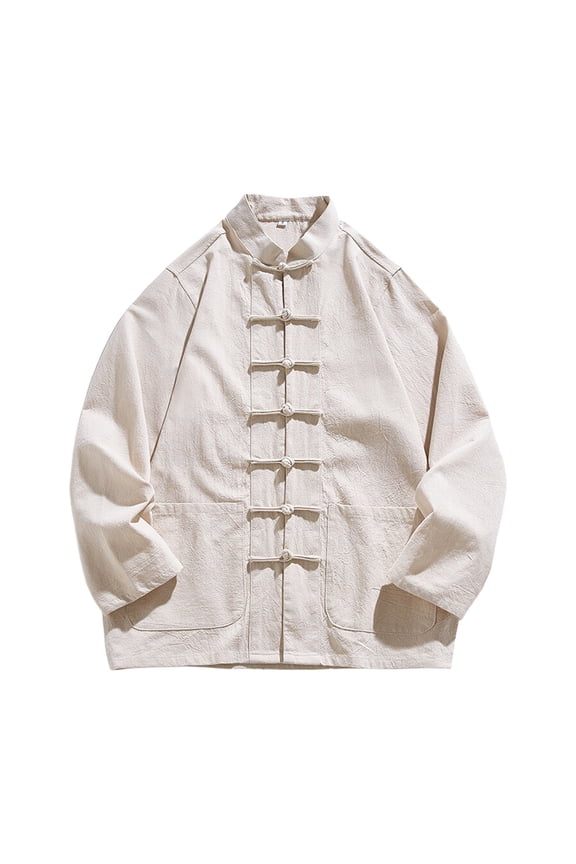 Men's Chinese Style Cotton and Linen Stand up Collar Cardigan Shirt Loose Top Solid Color Hanfu Traditional Clothing Beige