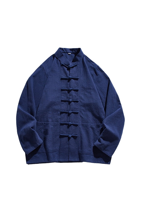 Men's Chinese Style Cotton and Linen Stand up Collar Cardigan Shirt Loose Top Solid Color Hanfu Traditional Clothing Navy