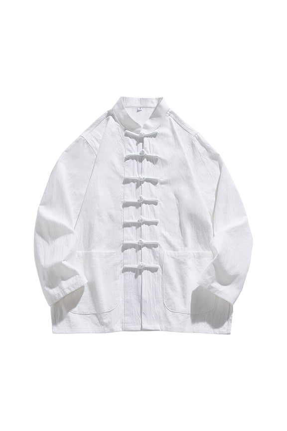 Men's Chinese Style Cotton and Linen Stand up Collar Cardigan Shirt Loose Top Solid Color Hanfu Traditional Clothing White