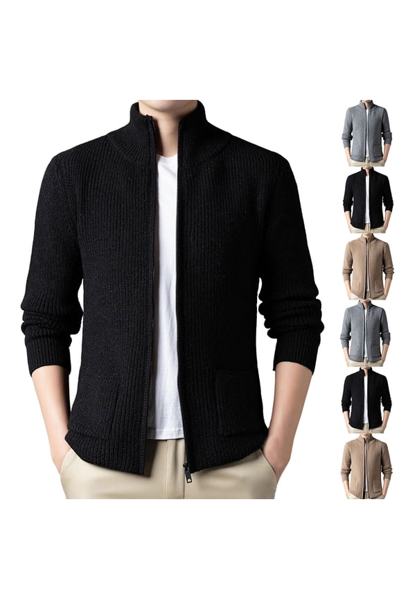 Men's Chunky Cardigan Sweaters Full Zip up Stand Collar Slim Fit Casual Knitted Sweater with 2 Front Pockets Gray