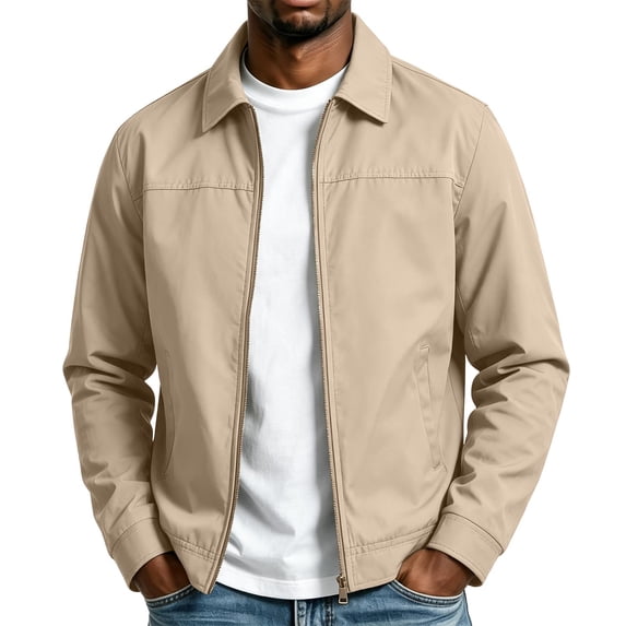 FRSASU Men's Classic Collared Zip‑Up Casual Jacket Lightweight Wind‑Resistant Business Casual Outerwear Jacket with Side Pockets Beige-A