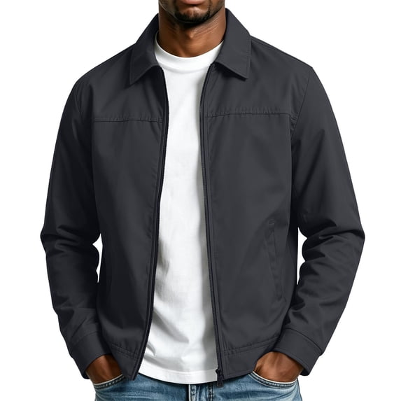 FRSASU Men's Classic Collared Zip‑Up Casual Jacket Lightweight Wind‑Resistant Business Casual Outerwear Jacket with Side Pockets Dark Gray-A