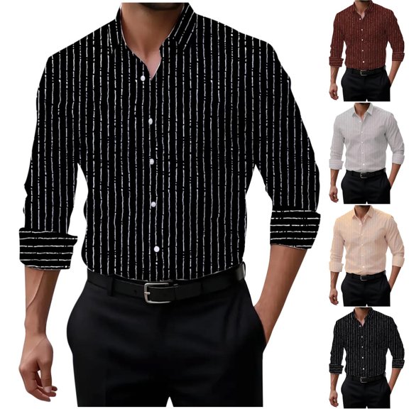 FRSASU Men's Classic Color Contrast Striped Shirt Long Sleeve Casual Stand up Collar Button Down Shirts Blouse Red