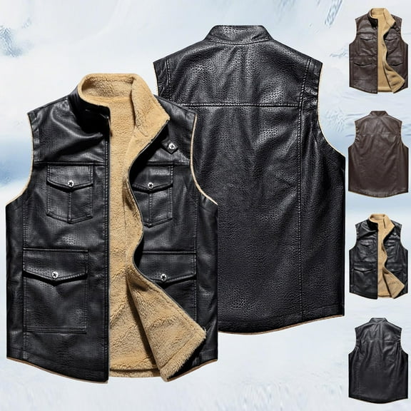 FRSASU Men's Classic Leather Vest Casual Jacket Motorcycle Thickened Warm Vest with Wool Liner Wine