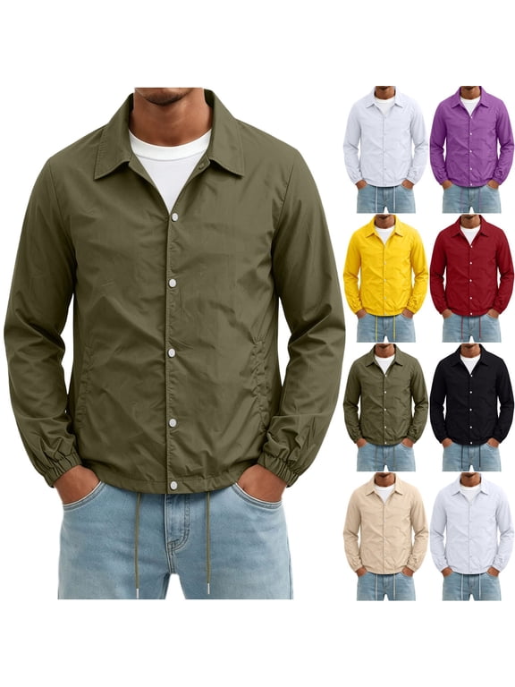 Men's Coach Jacket Lapel Collar Snap‑Button Front Windbreaker Casual Drawstring Hem Lightweight Outerwear Army Green