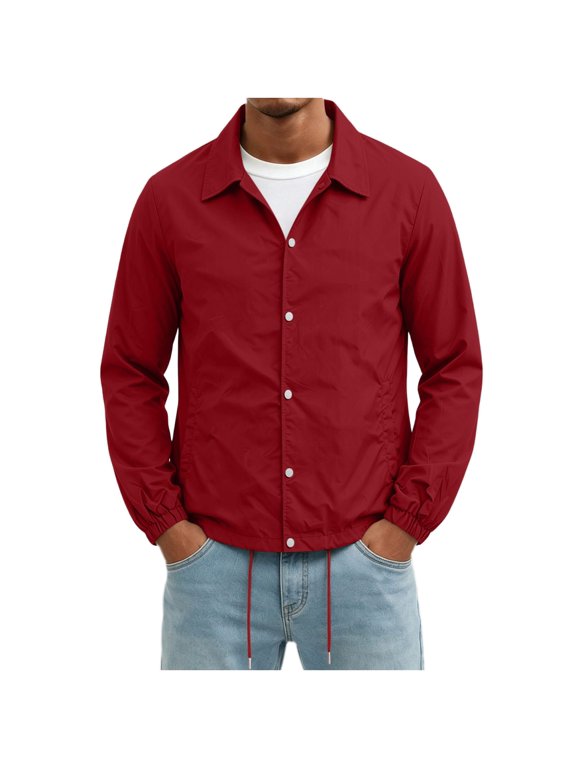 Men's Coach Jacket Lapel Collar Snap‑Button Front Windbreaker Casual Drawstring Hem Lightweight Outerwear Red