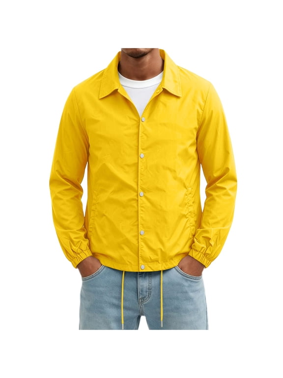 Men's Coach Jacket Lapel Collar Snap‑Button Front Windbreaker Casual Drawstring Hem Lightweight Outerwear Yellow