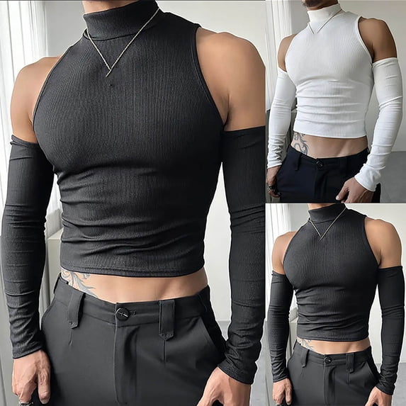 FRSASU Men's Cold Shoulder Mock Neck Tee Shirts, Slim Fit Pullover Skinny Long Sleeve Ribbed Knit Crop Tops White