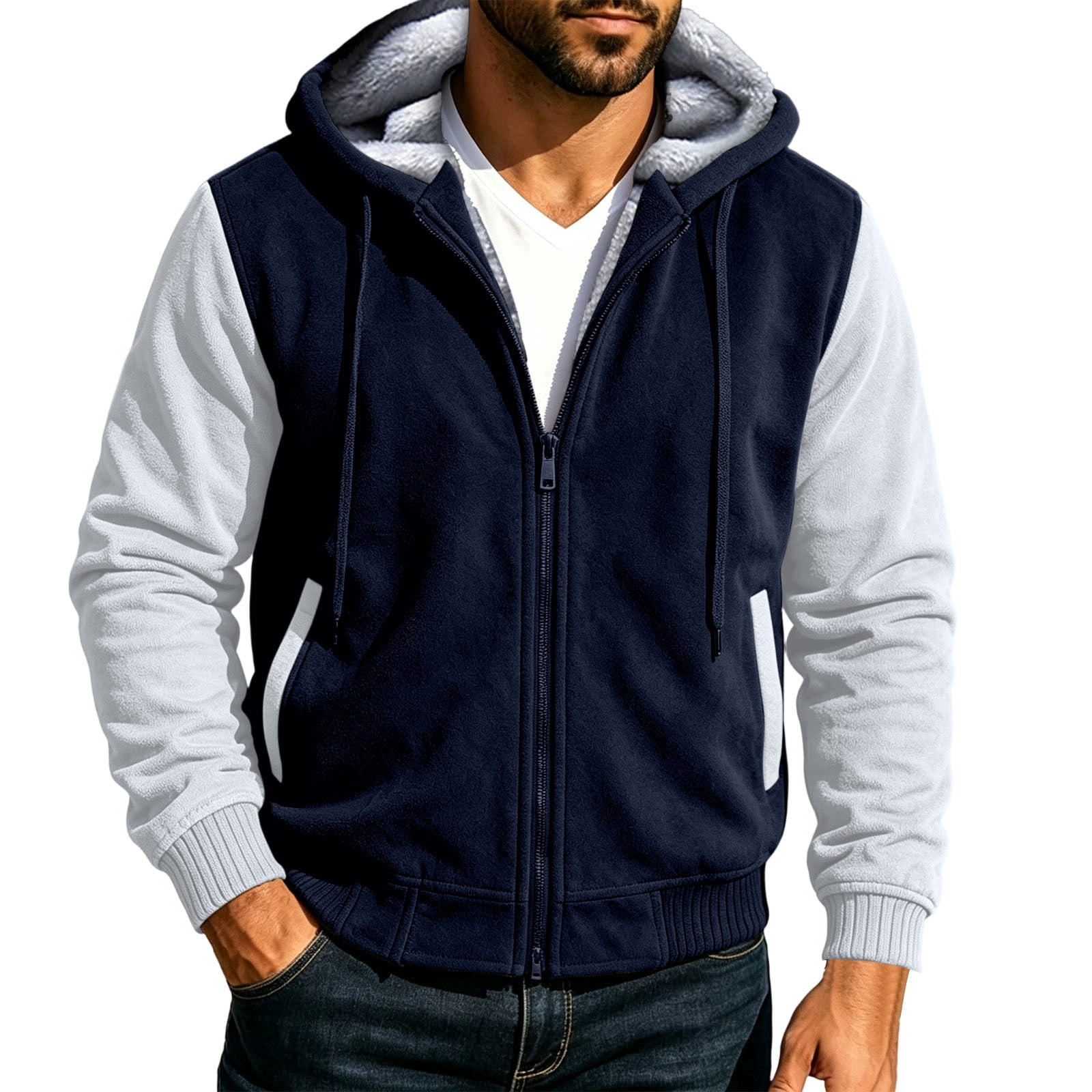 FRSASU Men’s Color‑Block Contrast Sleeve Zip‑Up Hooded Jacket Fleece ...