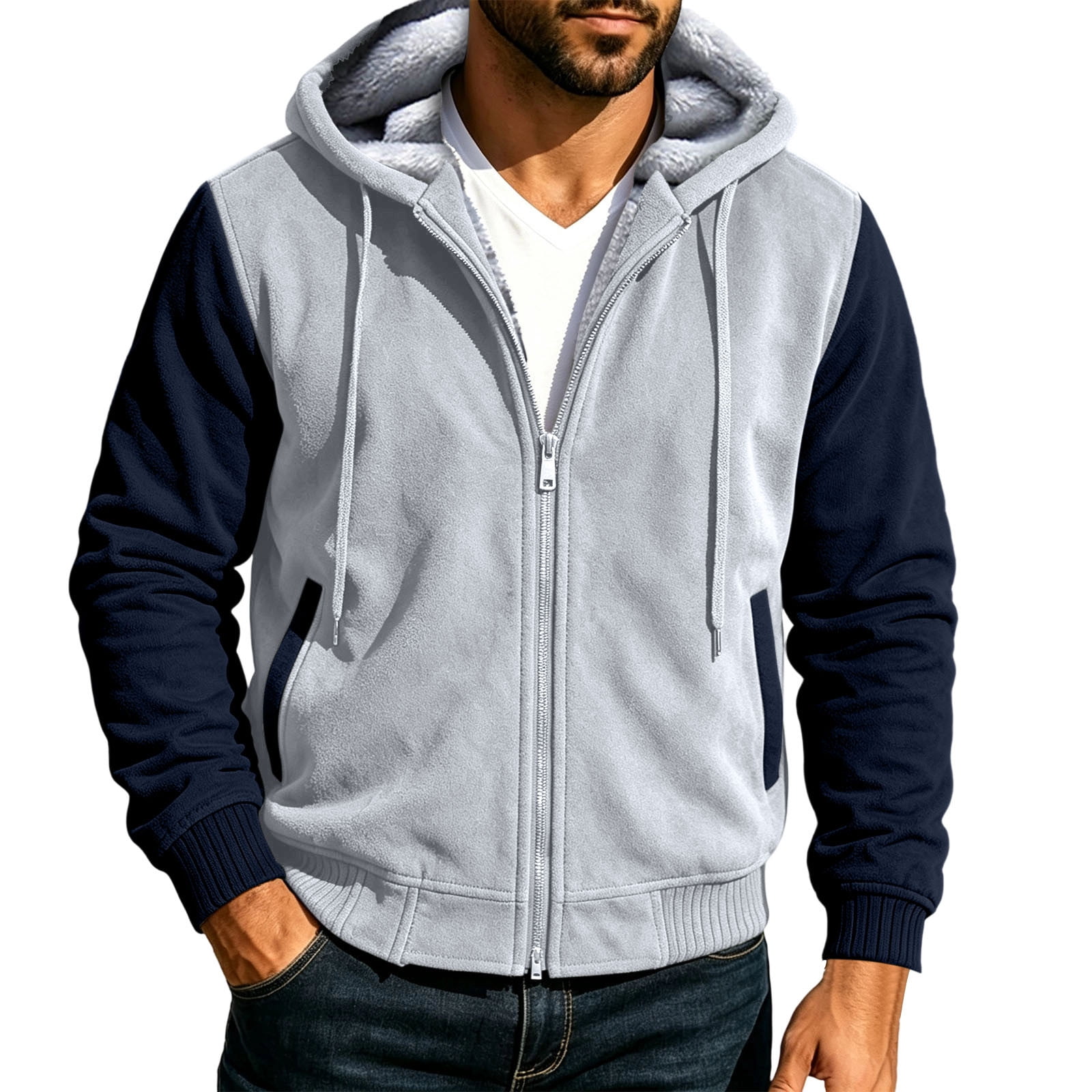 FRSASU Men’s Color‑Block Contrast Sleeve Zip‑Up Hooded Jacket Fleece ...