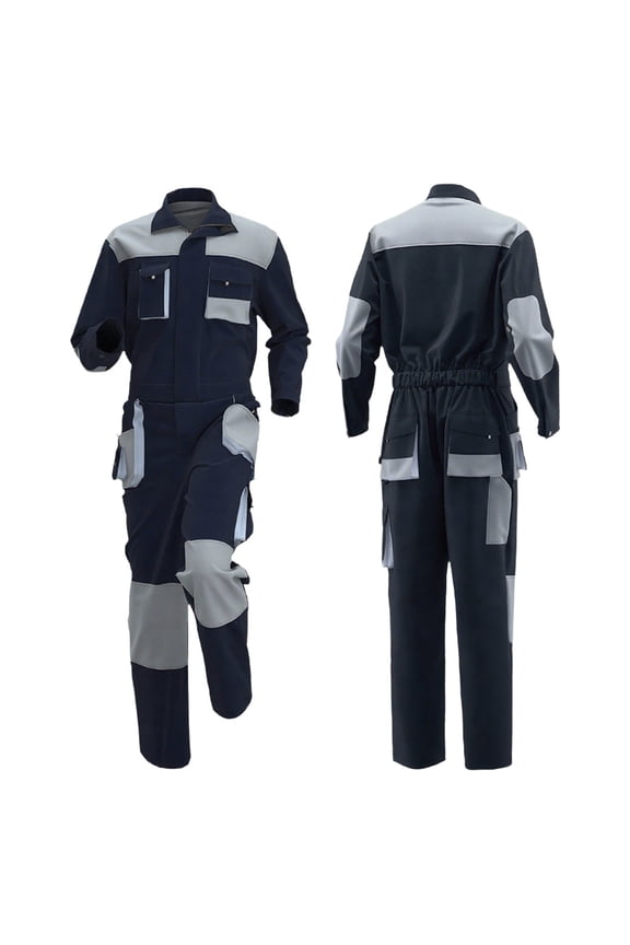 Men's Color Block Work Coverall High Visibility Overalls Mechanics Coveralls Workwear Jumpsuit with Multi Pockets Dark Blue