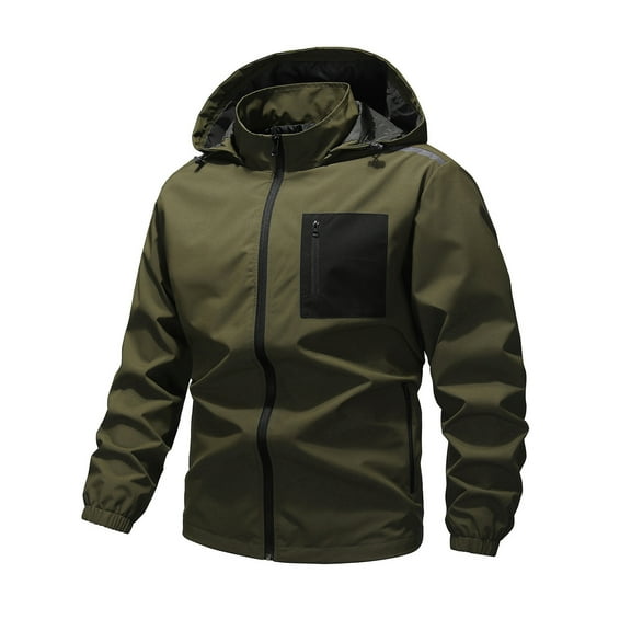 FRSASU Men's Color Blocked Casual Zipper Cardigan Outdoor Running Hooded Workwear Jacket with Detachable Hood Army Green