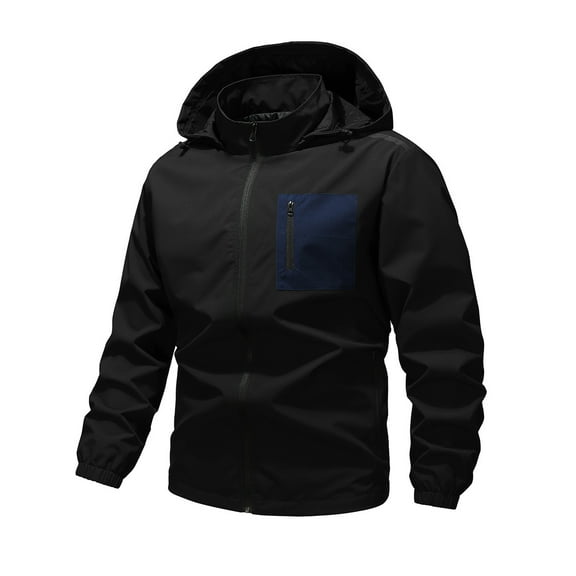 FRSASU Men's Color Blocked Casual Zipper Cardigan Outdoor Running Hooded Workwear Jacket with Detachable Hood Black