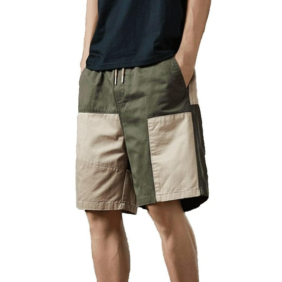 FRSASU Men's Summer Vintage Casual Shorts Elastic Waist Drawstring Contrast Color Patchwork Loose Cargo Shorts Army Green