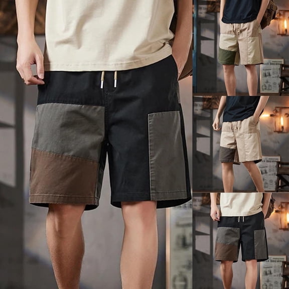 FRSASU Men's Colorblock Elastic Waist Drawstring Casual Loose Summer Straight up Shorts Khaki
