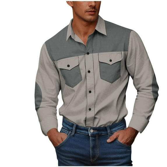 FRSASU Men's Colorblock Print Button Down Long Sleeve Lapel Collared Workwear Shirts Top with Pocket Gray
