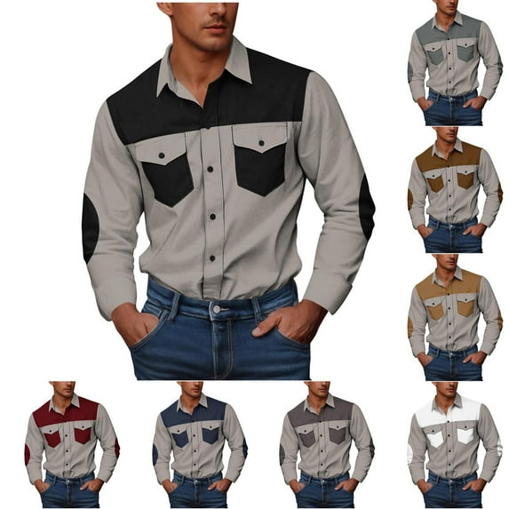 FRSASU Men's Colorblock Print Button Down Long Sleeve Lapel Collared Workwear Shirts Top with Pocket White