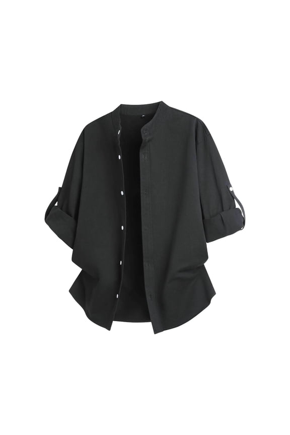 Men's Commuter Shirt, Performance Thin Dress Shirts for Men, Machine Washable, Wrinkle Resistant, Loose Fit Roll up Sleeve Button Down Shirt Black