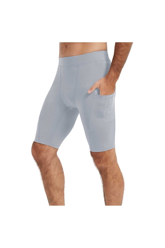 Men's Compression Legging Capris Underwear Training Muscle Support Solid Legging Shorts with Pockets Gray