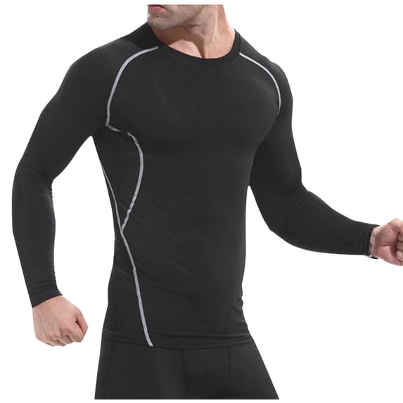 FRSASU Men's Compression Stripe Shirts Long Sleeve Workout Gym Running Tops Quick Dry Sports Baselayer Undershirts Black