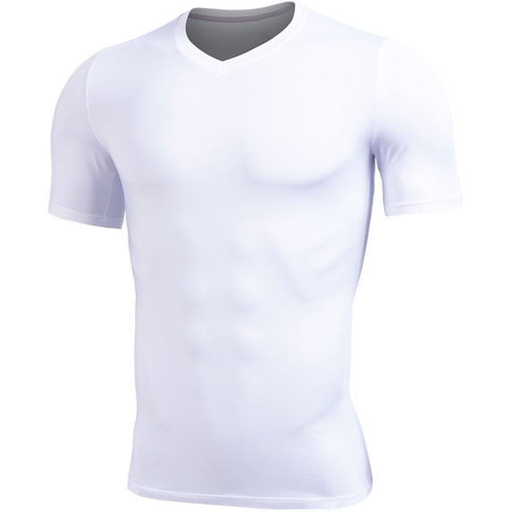 FRSASU Men's Compression V-Neck T-Shirts Short Sleeve Stretchy Workout Undershirt Athletic Base Layer Tee Tops White