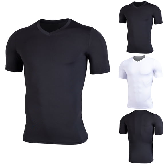 FRSASU Men's Compression V-Neck T-Shirts Short Sleeve Stretchy Workout Undershirt Athletic Base Layer Tee Tops White
