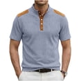 thumbnail image 1 of FRSASU Men's Contrast-Colored Stitched BrownTee Imation Suede Half-Buttoned Short-Sleeved Shirt Stand Collar T-shirts Sky Blue, 1 of 4