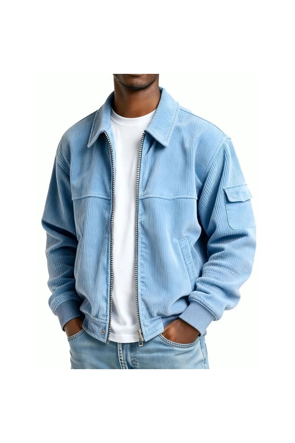 Men's Corduroy Bomber Jacket Zip up Coat Trucker Vintage Lapel Jacket with Pocket&Lining Workwear Jacket Men’s Jean Jacket Blue