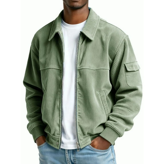 FRSASU Men's Corduroy Bomber Jacket Zip up Coat Trucker Vintage Lapel Jacket with Pocket&Lining Workwear Jacket Men’s Jean Jacket Green