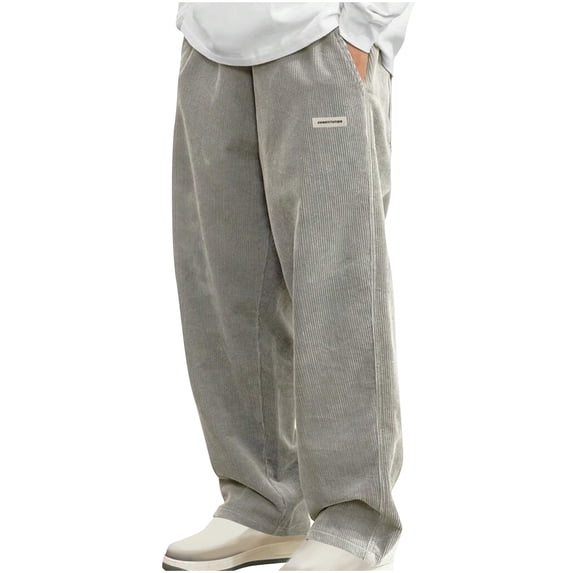 FRSASU Men's Corduroy Casual Lounge Fashion Loose Fit Wide Leg Pants Straight Sweatpants Elastic Waist Drawstring Pants with Pockets Gray