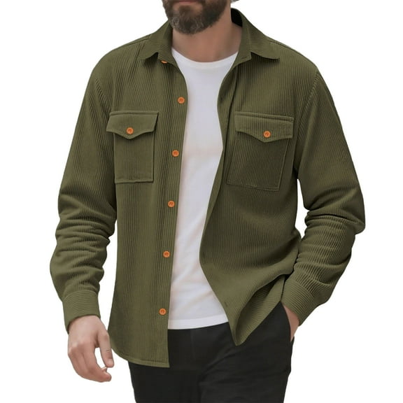 FRSASU Men's Corduroy Long Sleeve Shirt Loose Fit Casual Warm Wear Lapel Button Jacket with Pockets Army Green